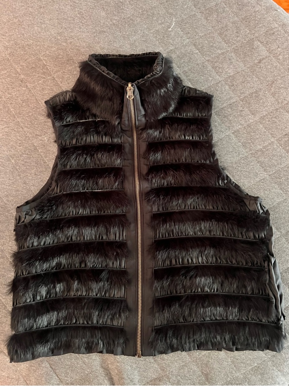 DINO GASPARI Small Black Silk & Rabbit Fur Reversible Full Zip Vest Orig $295